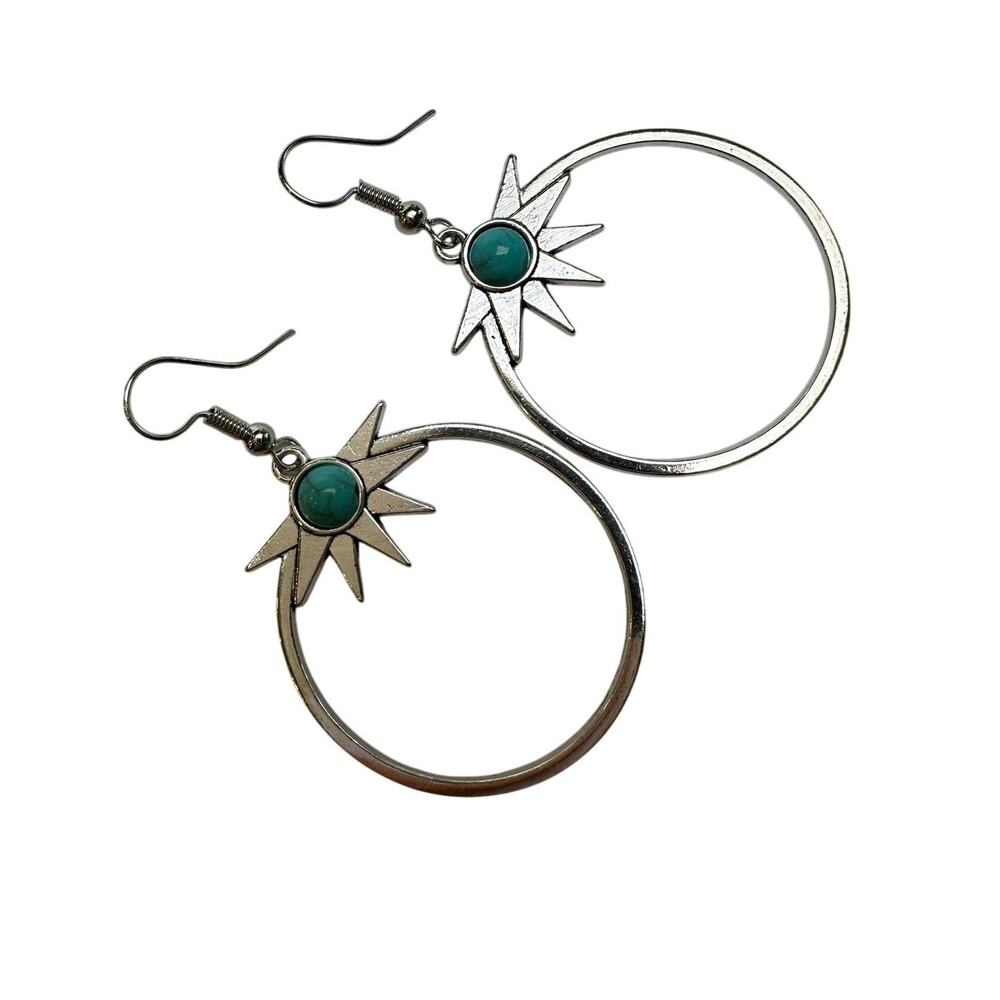 Silvertone Dangle Hoops with Star + Faux Turquoise Earrings Western Boho Cowgirl